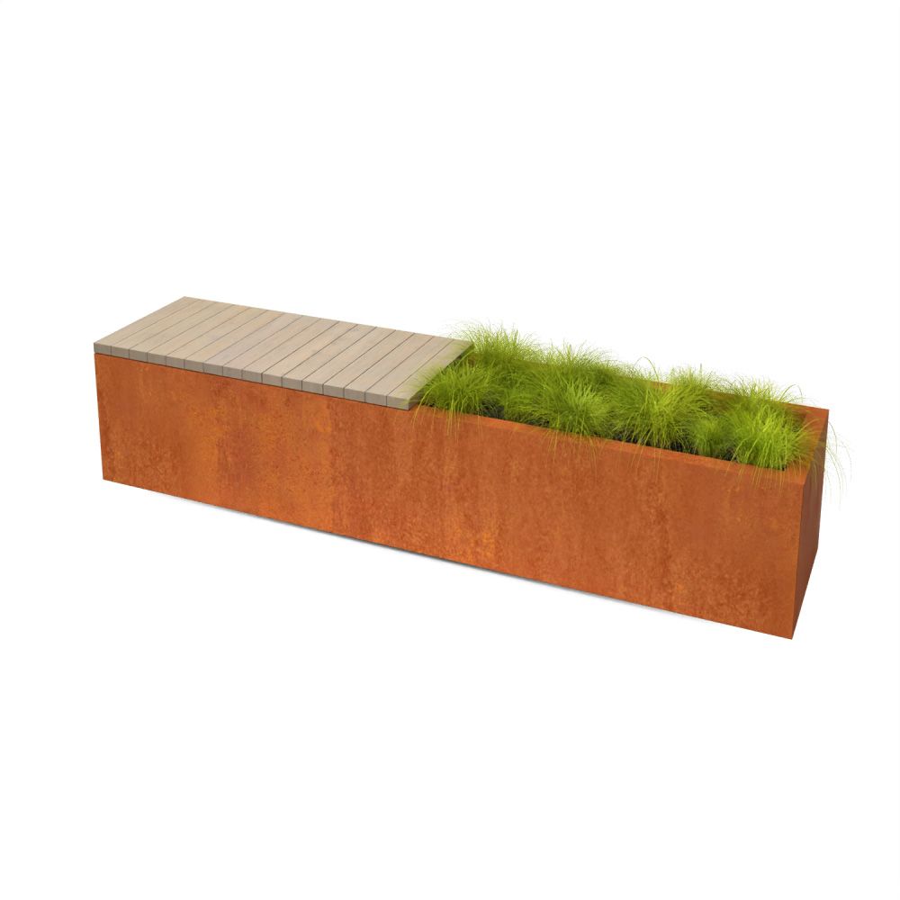 Geroba hardhouten zitbank met plantenbak Florisa C3 2000x400x420mm - Cortenstaal