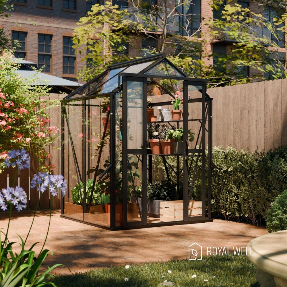 Royal Well Anne 1 tuinkas met veiligheidsglas en fundering - zwart