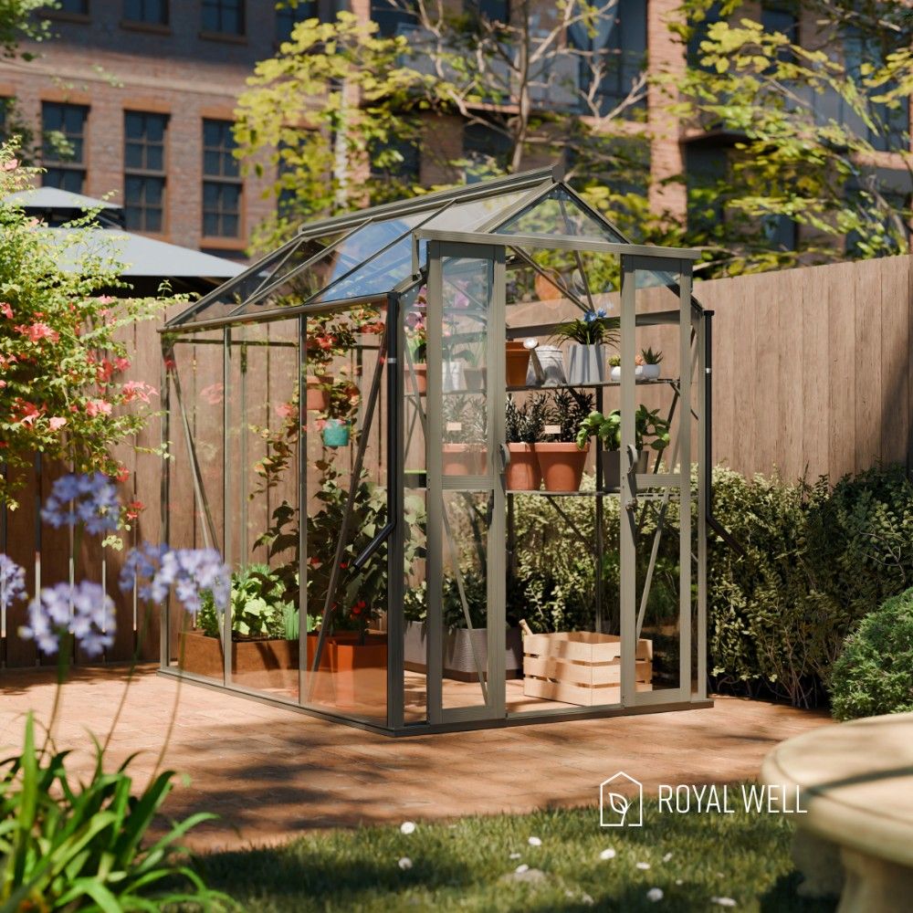 Royal Well Anne 2 tuinkas met veiligheidsglas en fundering - groengrijs