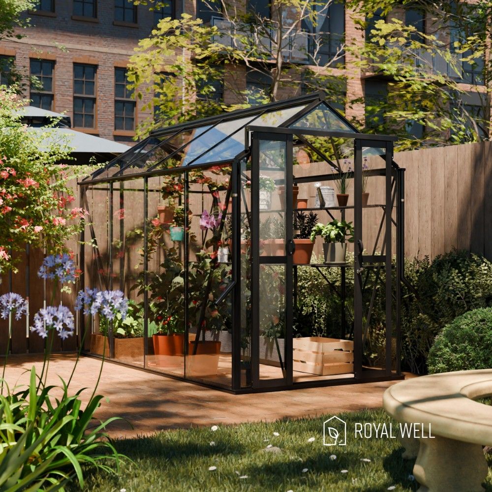 Royal Well Anne 3 tuinkas met veiligheidsglas en fundering - zwart