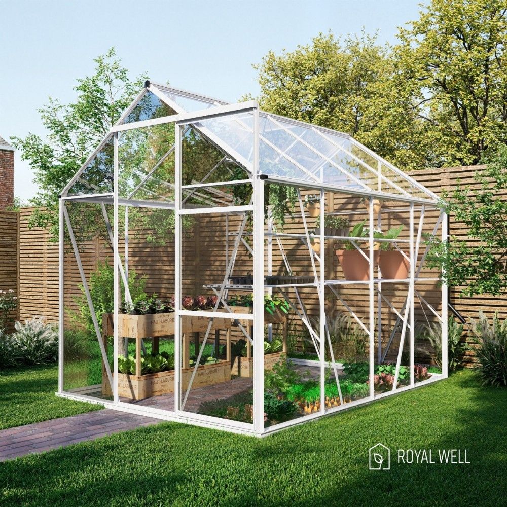 Royal Well Kate 2 tuinkas met veiligheidsglas en fundering - wit