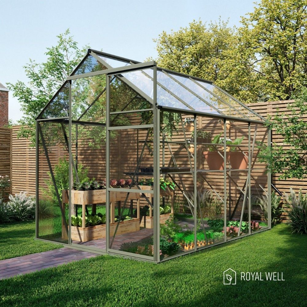 Royal Well Kate 2 tuinkas met veiligheidsglas en fundering - groengrijs