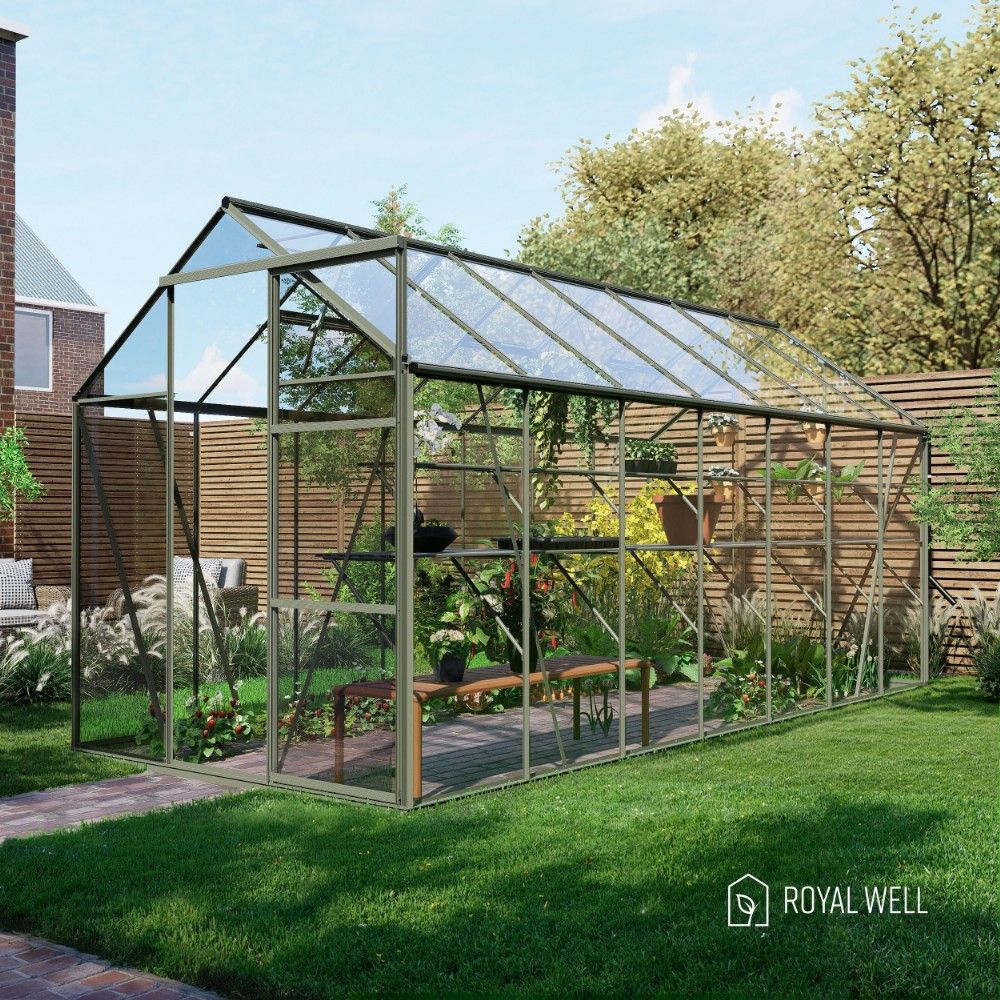 Royal Well Kate 5 tuinkas met veiligheidsglas en fundering - groengrijs