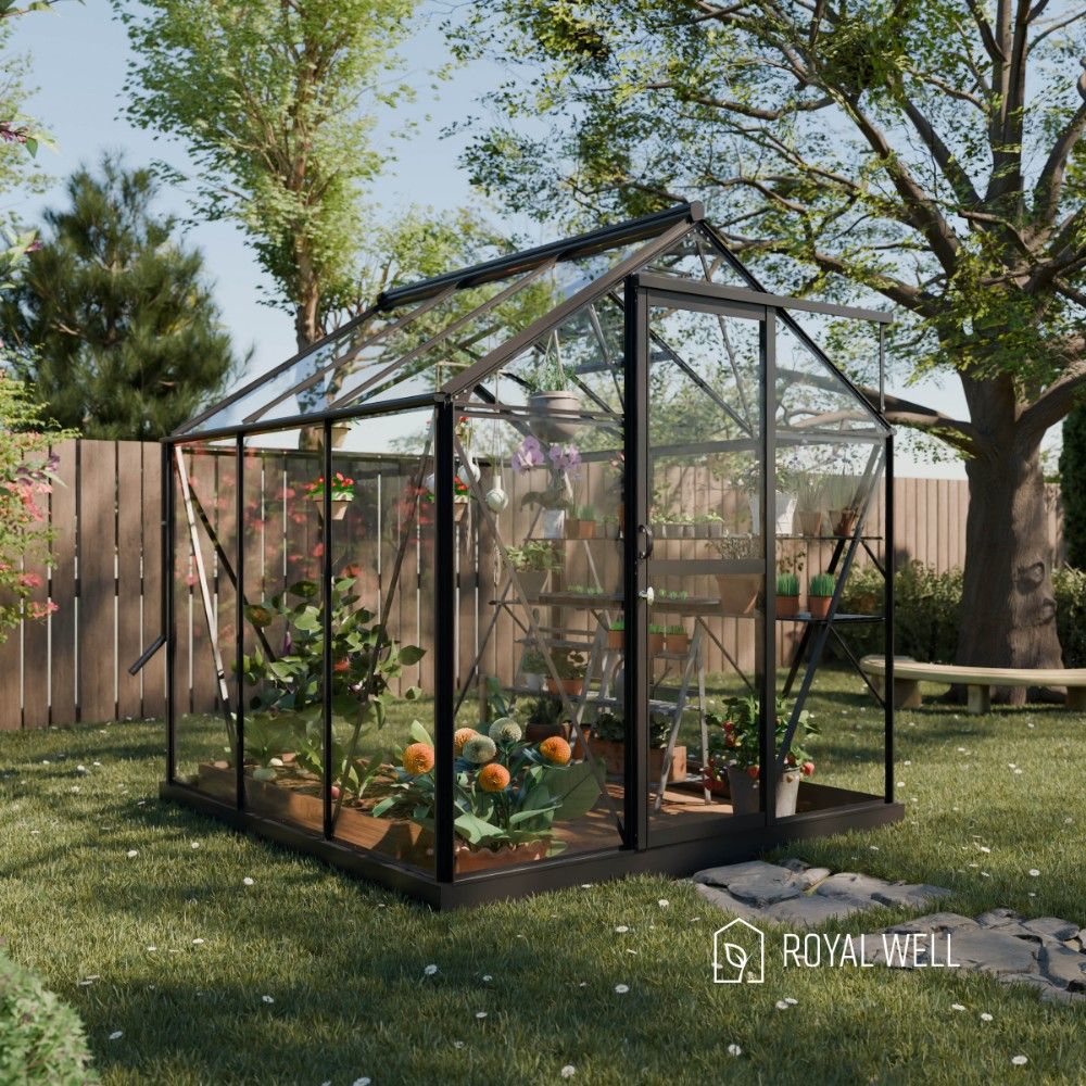 Royal Well Mary 1 tuinkas met veiligheidsglas en fundering - zwart