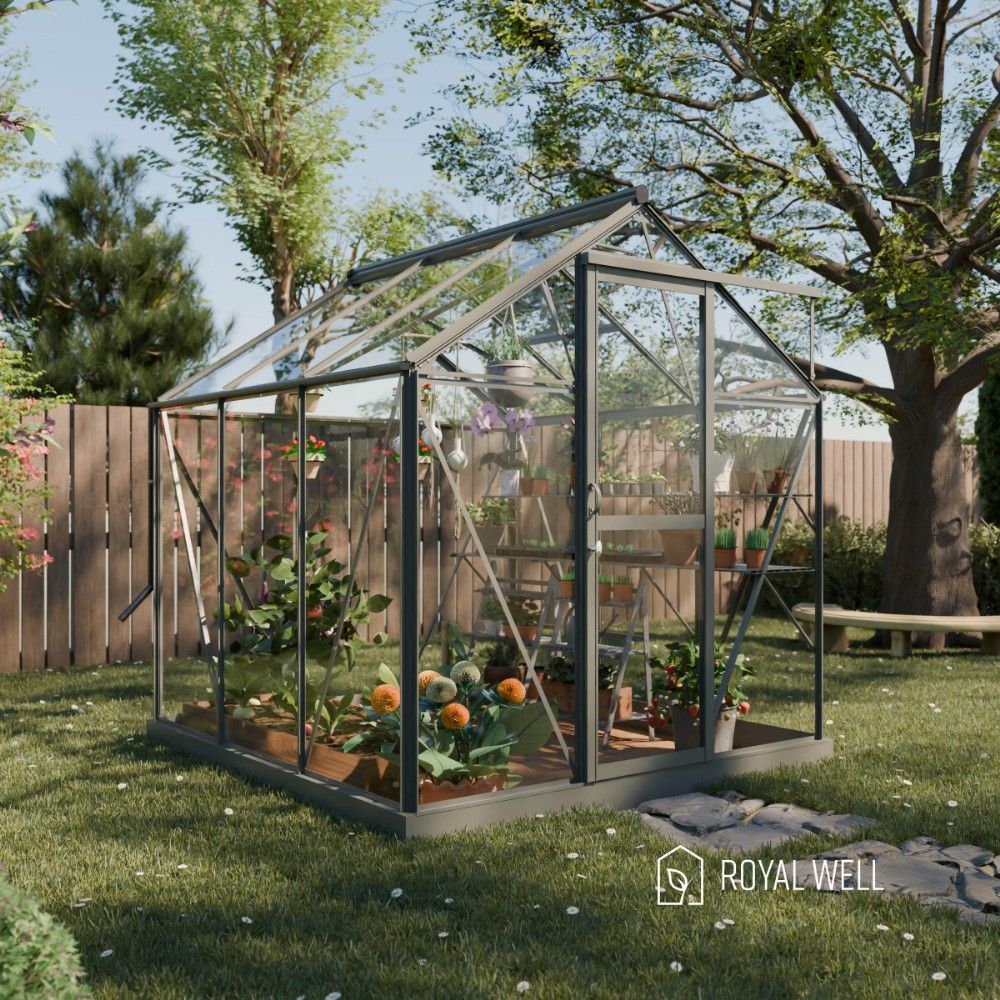 Royal Well Mary 1 tuinkas met veiligheidsglas en fundering - groengrijs