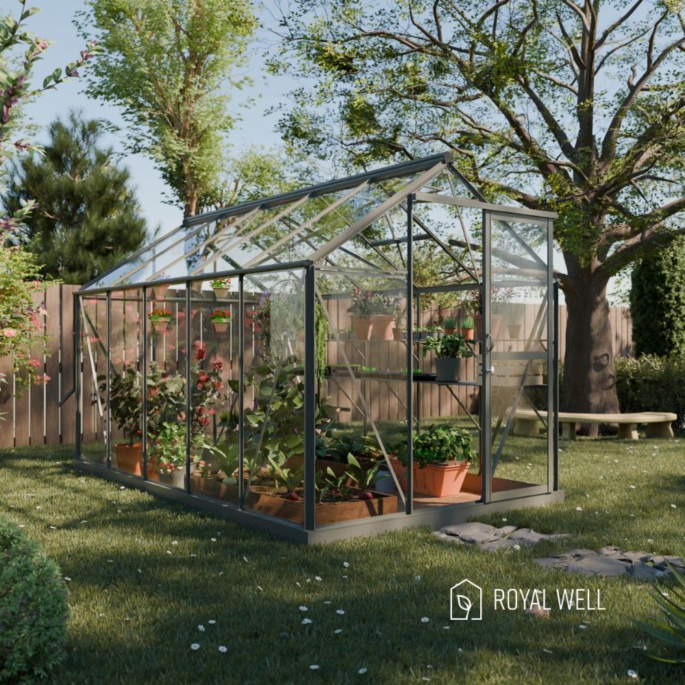 Royal Well Mary 3 tuinkas met veiligheidsglas en fundering - groengrijs