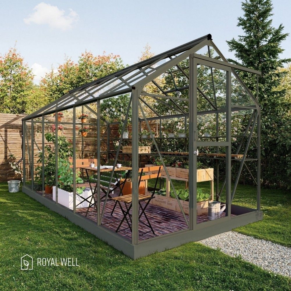 Royal Well Mary 4 tuinkas met veiligheidsglas en fundering - groengrijs